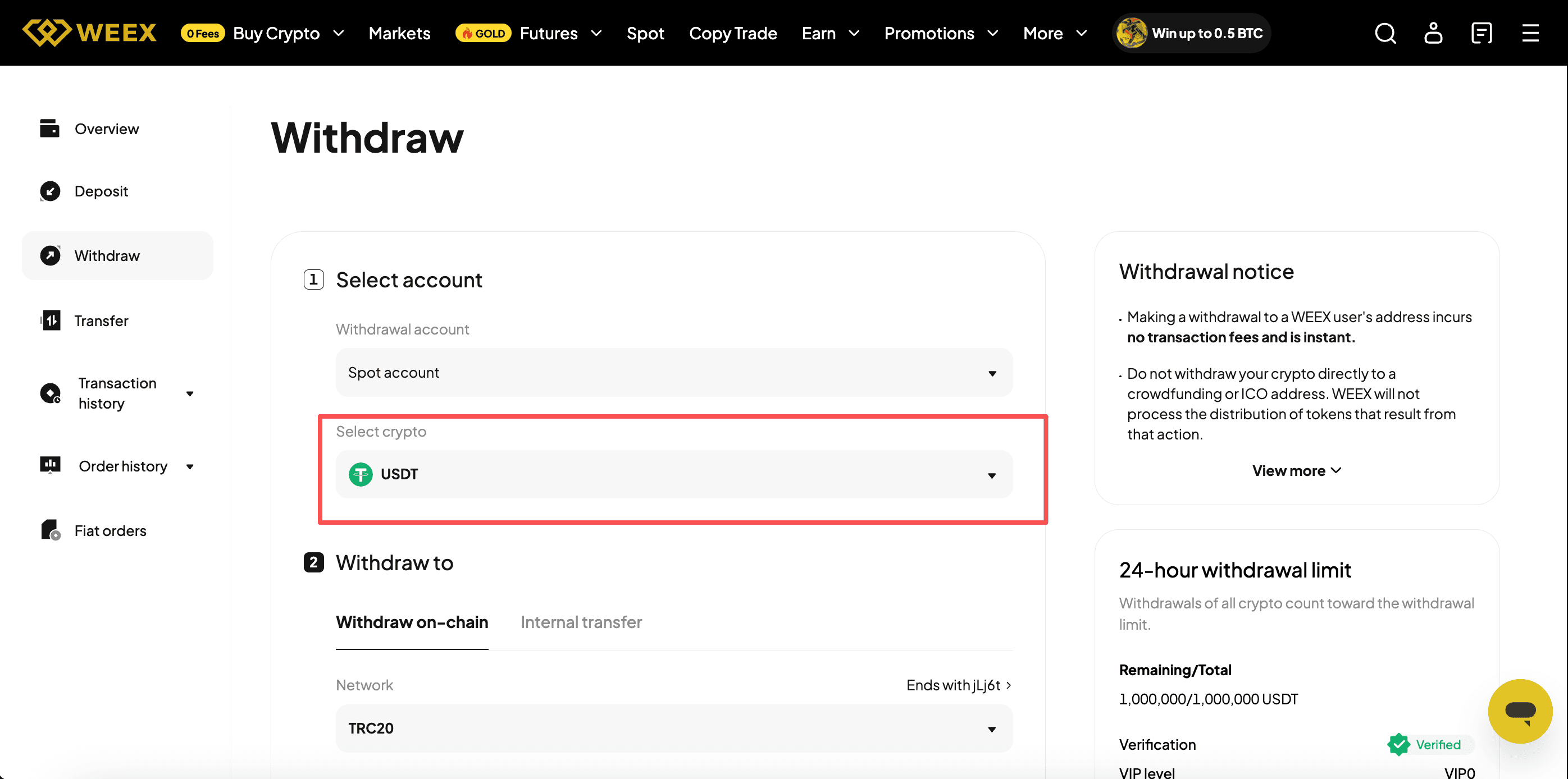 how to withdraw on weex