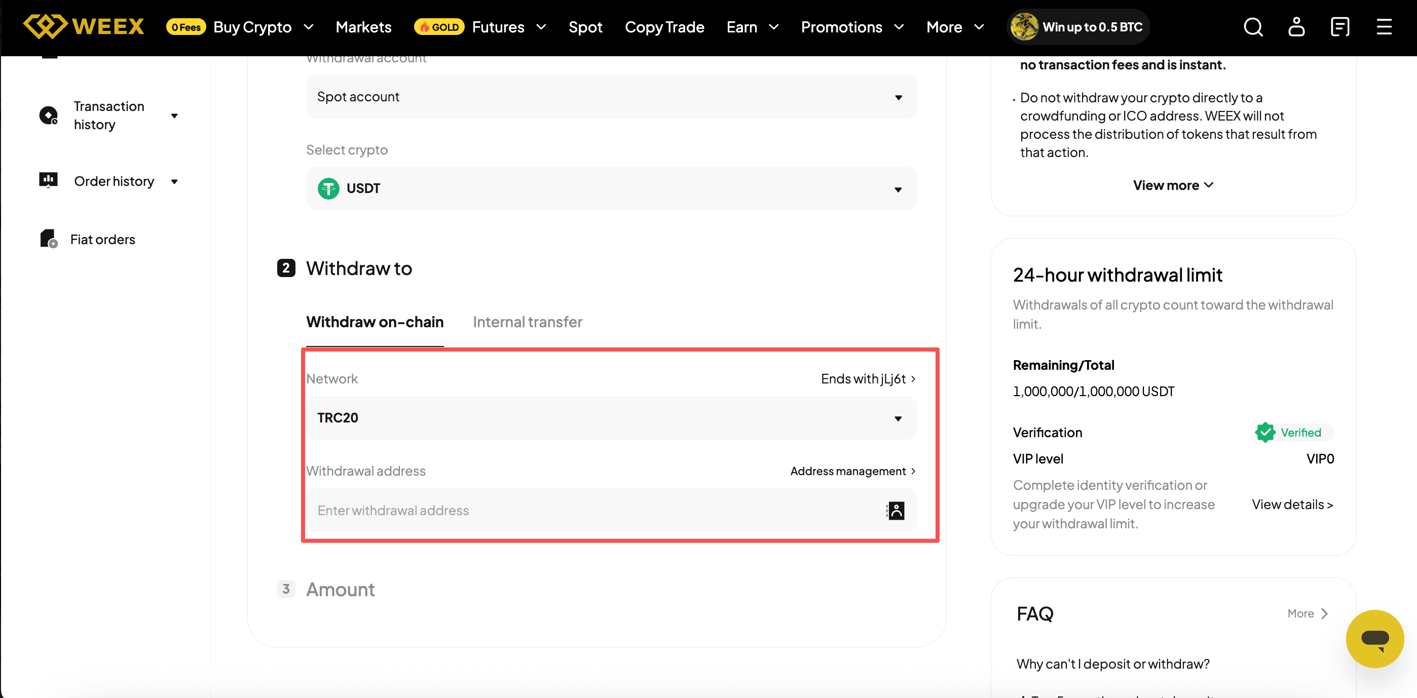 how to withdraw on weex